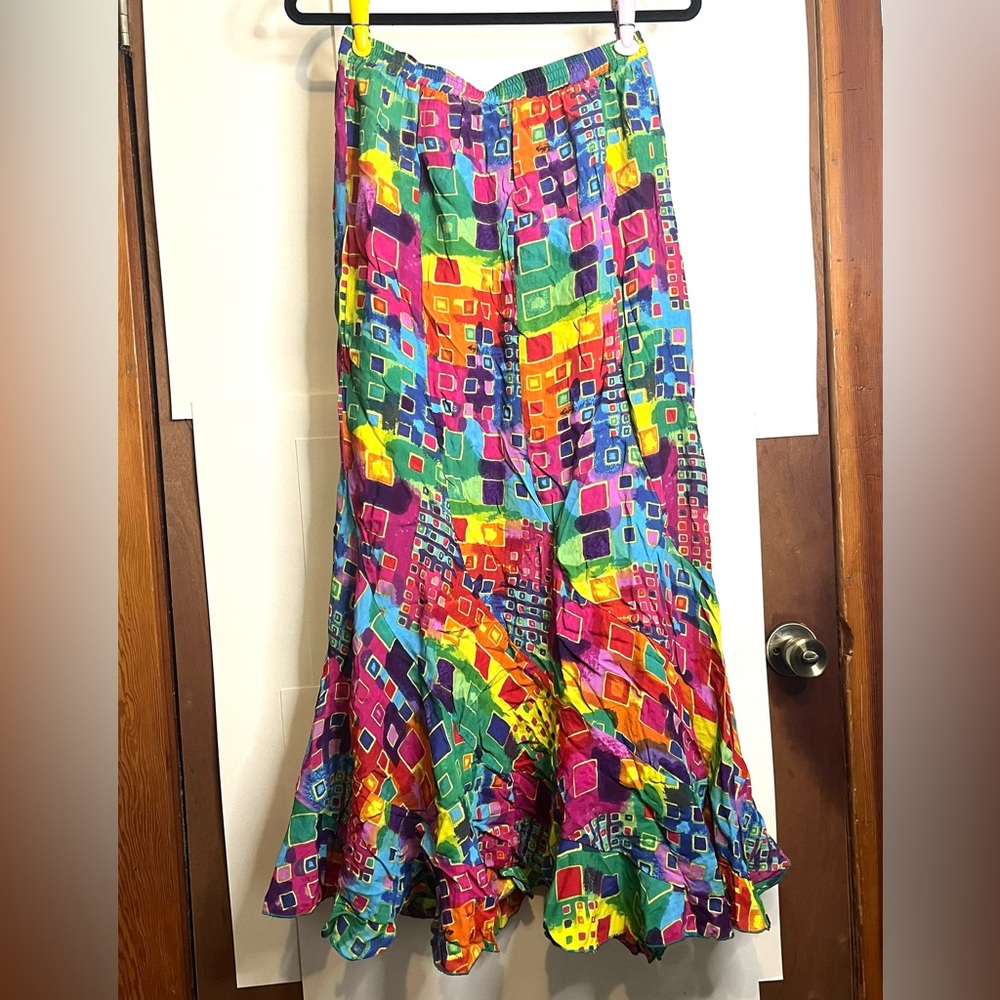 Carrie Allen (VTG M) Geometric Rainbow Viscose Maxi Skirt 90s